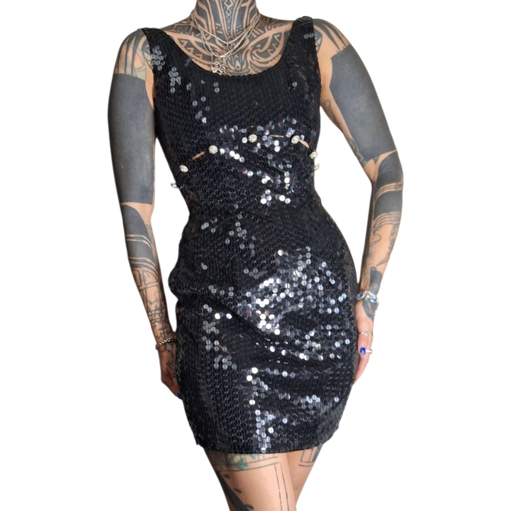 Vintage 90s Sequin Mini Dress Womens XS Black Cocktail Cut Outs Prom Hoco Glam
